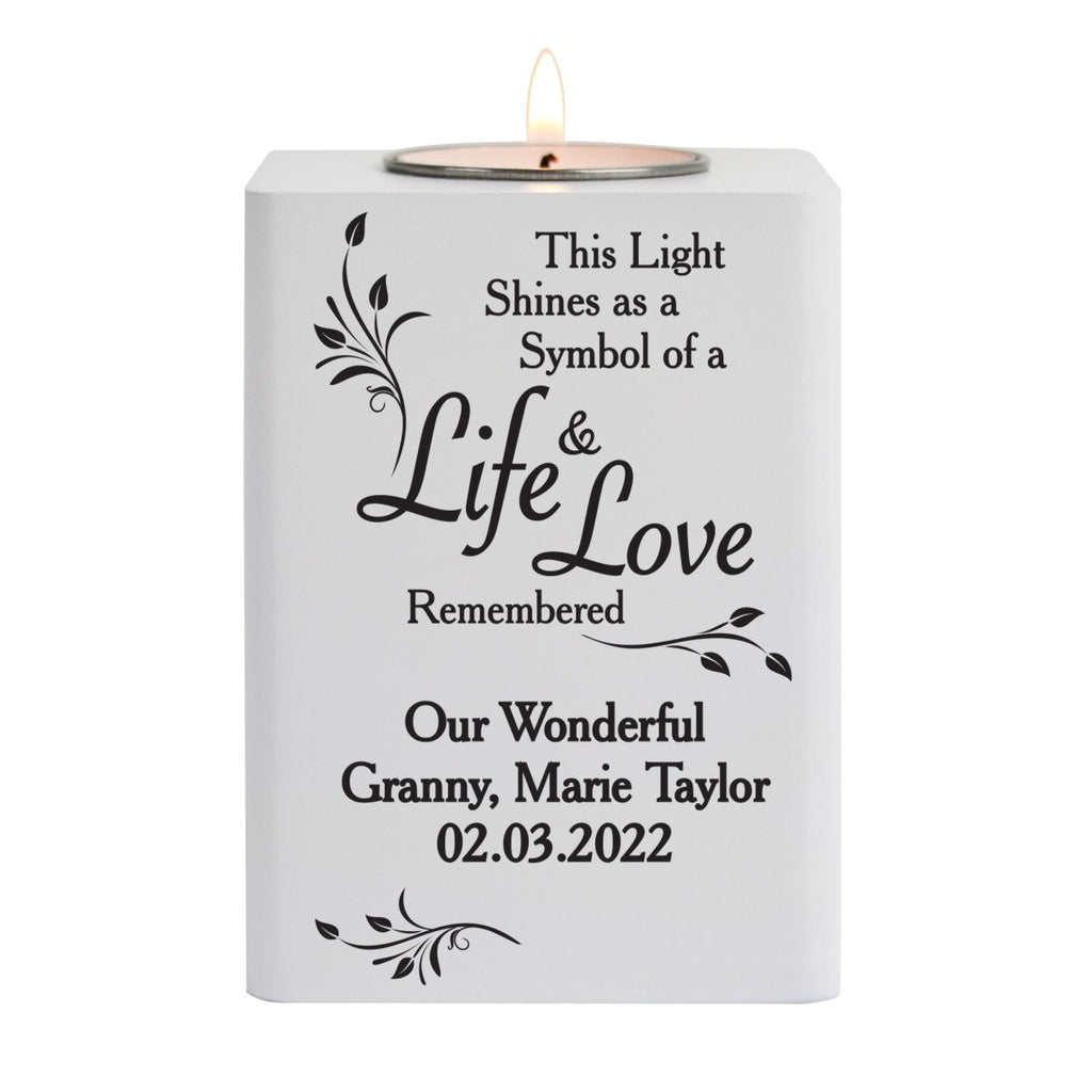 Personalised Life & Love White Memorial Wooden Tea Light Holder - Engraved Memories