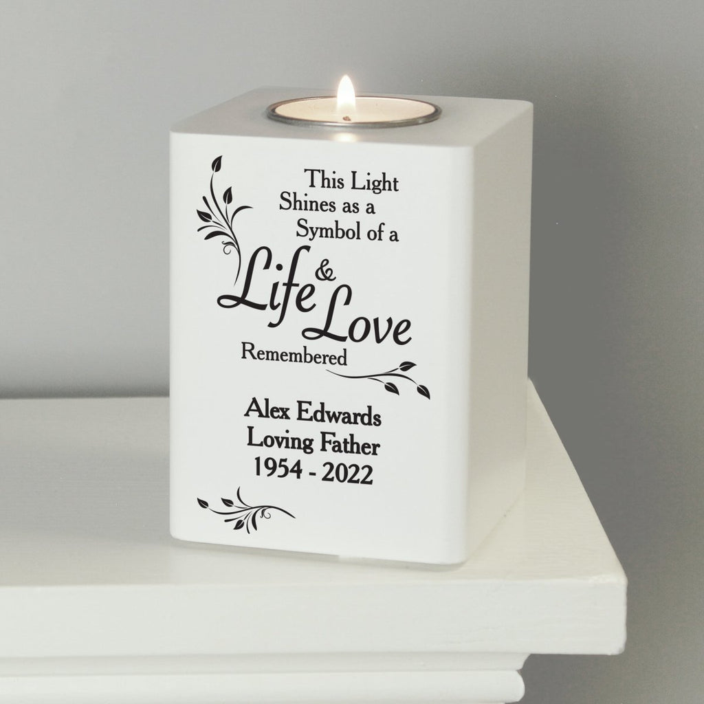 Personalised Life & Love White Memorial Wooden Tea Light Holder - Engraved Memories