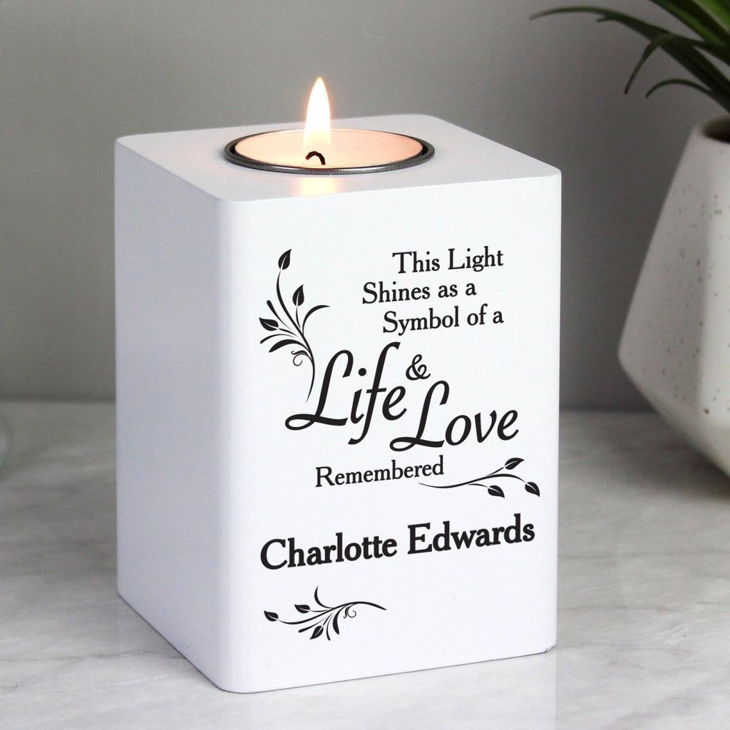 Personalised Life & Love White Memorial Wooden Tea Light Holder - Engraved Memories