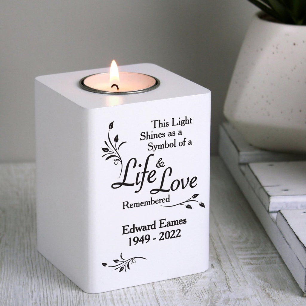 Personalised Life & Love White Memorial Wooden Tea Light Holder - Engraved Memories