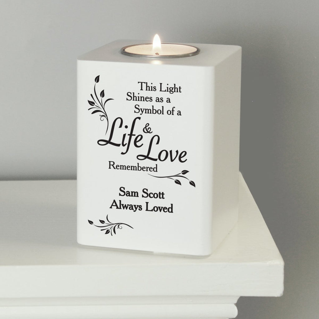 Personalised Life & Love White Memorial Wooden Tea Light Holder - Engraved Memories