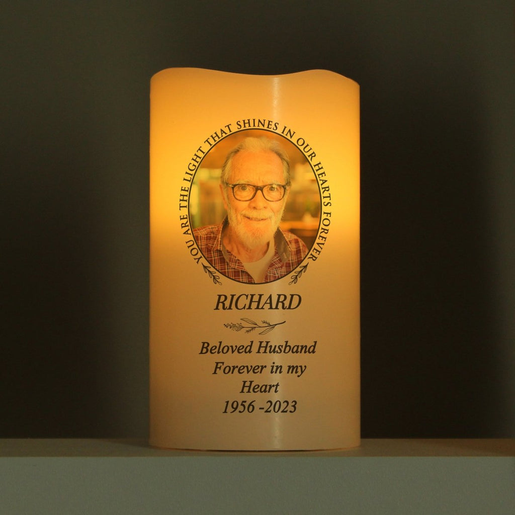 Personalised Light In Our Hearts Photo Upload LED Memorial Candle - Engraved Memories