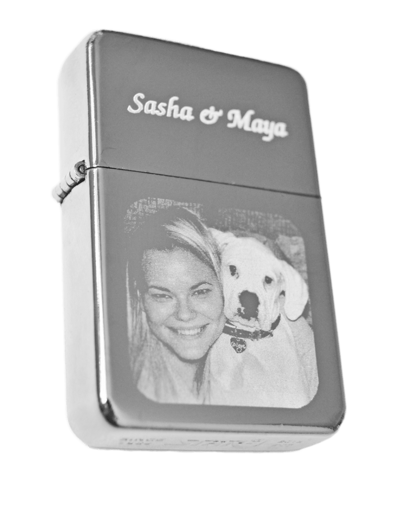 Personalized metal lighter with custom photo and text engraving, perfect gift for Father's Day.