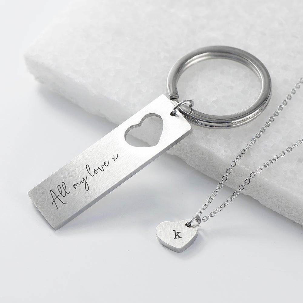 Personalised Love Heart Necklace & Keyring Set - Engraved Memories