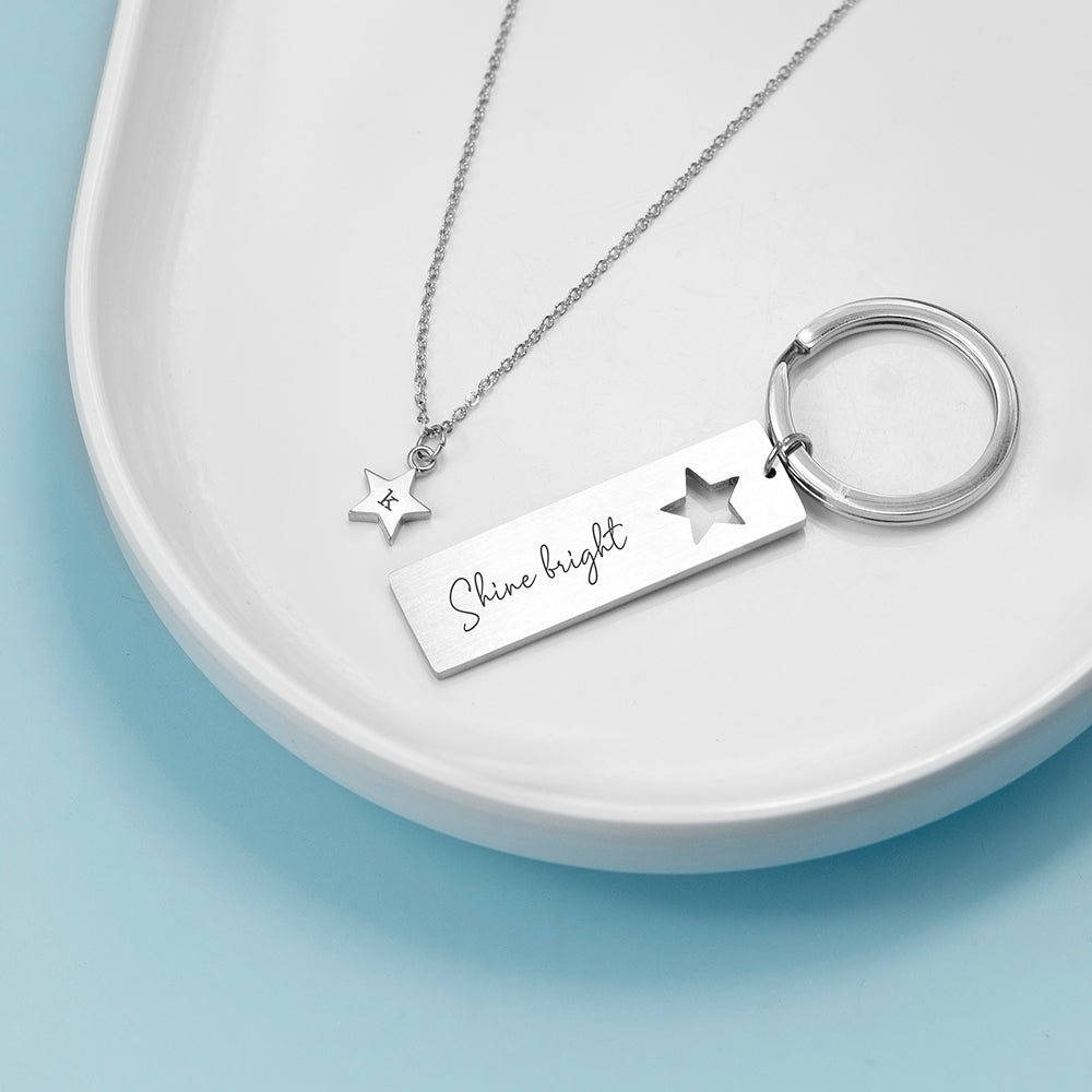 Personalised Lucky Star Necklace & Keyring Set - Engraved Memories