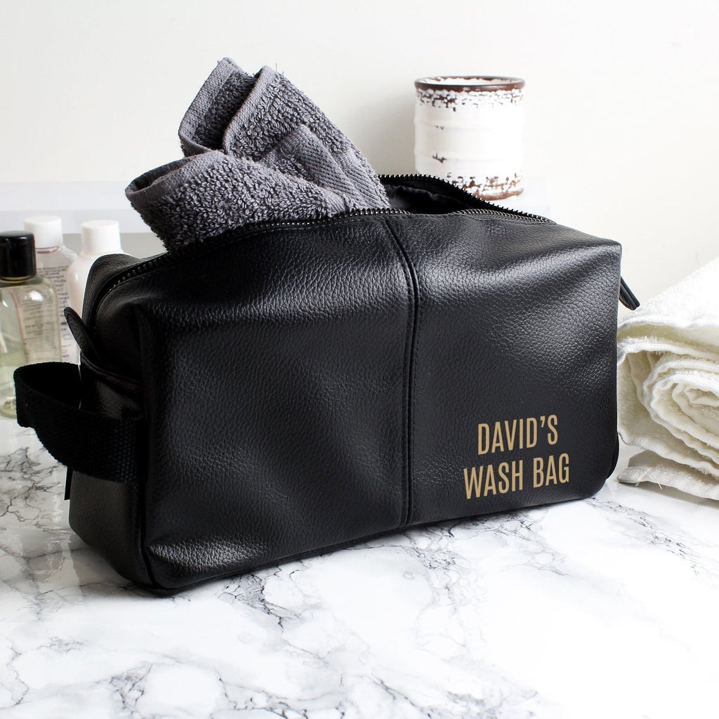 Personalised Luxury Black leatherette Wash Bag, Father's day Gift for Men - Engraved Memories