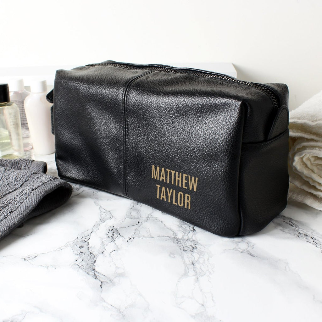 Personalised Luxury Black leatherette Wash Bag, Father's day Gift for Men - Engraved Memories