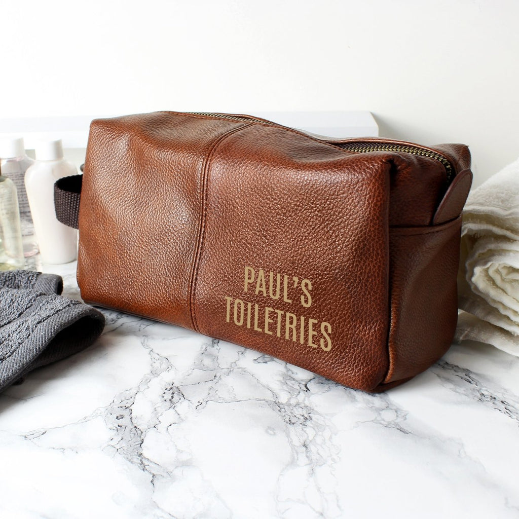 Personalised Luxury Brown leatherette Wash Bag, Father's day Gift for Men - Engraved Memories