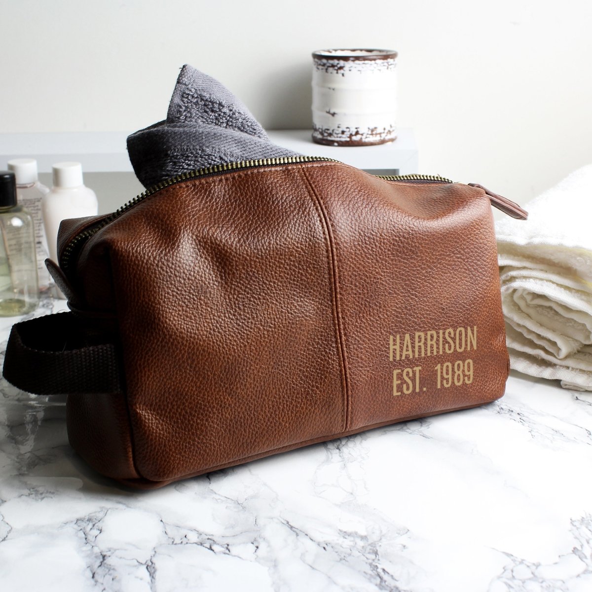 Personalised Wash Bag Luxury Brown Leatherette Travel Toiletry
