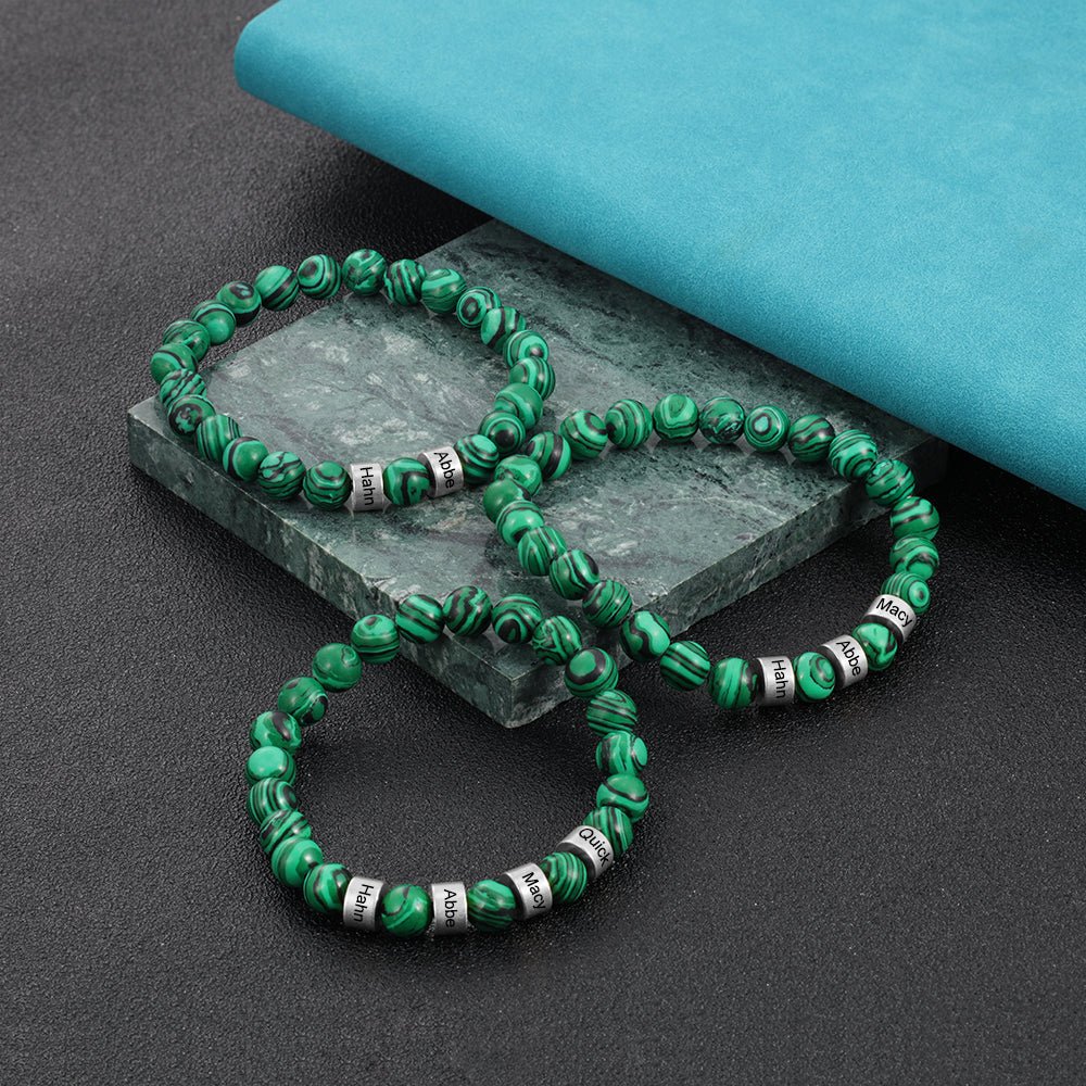 Personalized malachite bead charm bracelet, silver/gold name charms, steel/copper, 19.5-21cm, 19.5g.