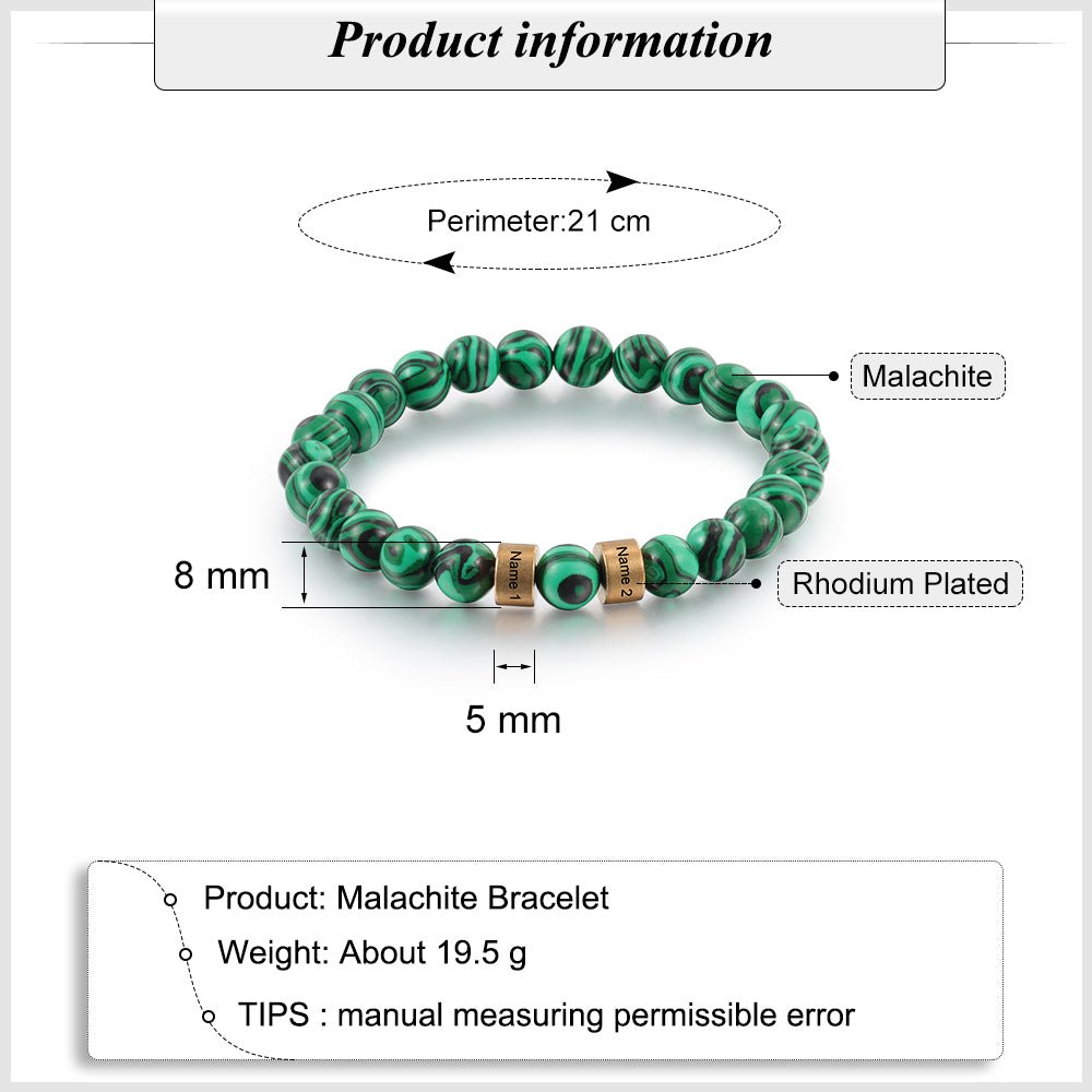 Personalized malachite bead charm bracelet, silver/gold name charms, steel/copper, 19.5-21cm, 19.5g.