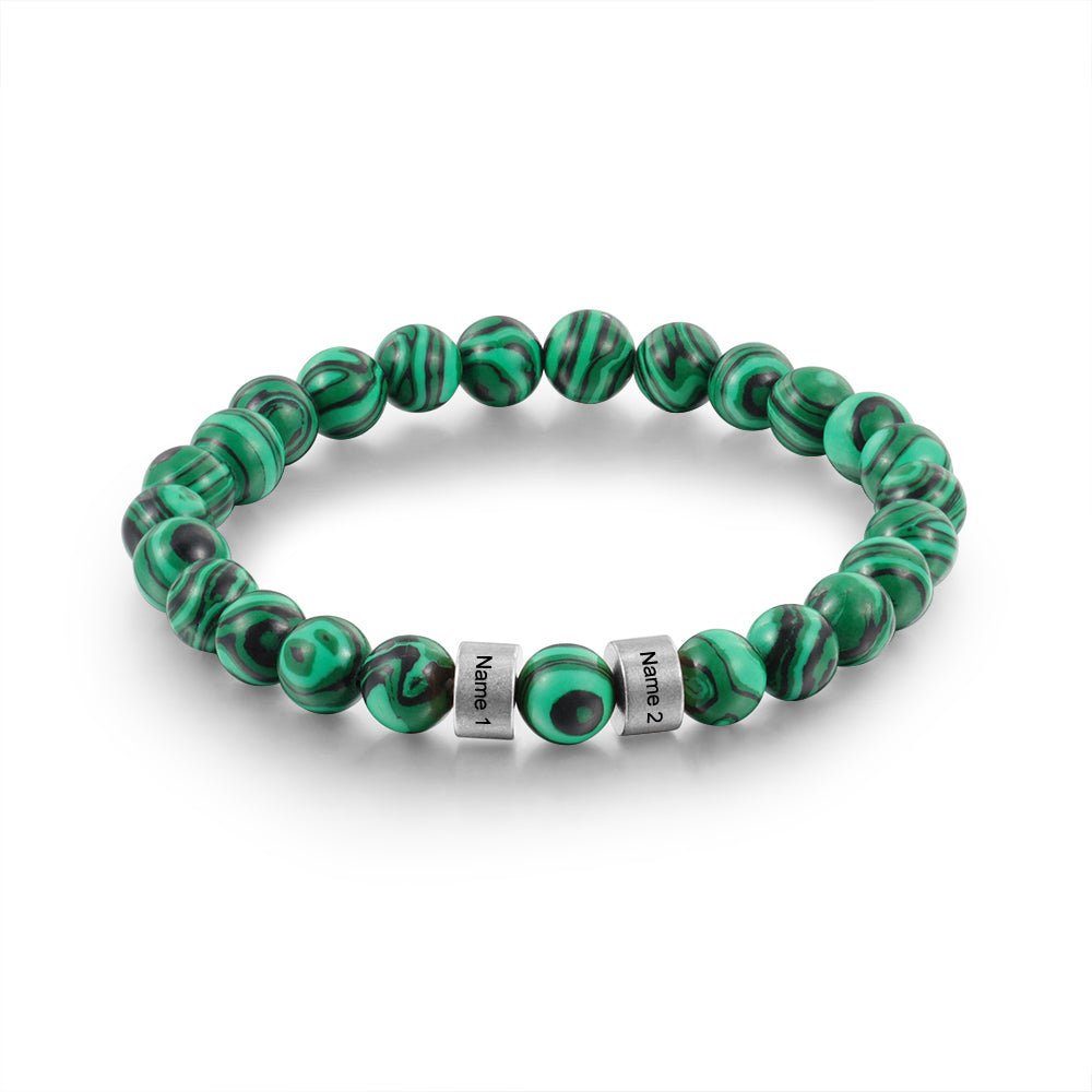 Personalized malachite bead charm bracelet, silver/gold name charms, steel/copper, 19.5-21cm, 19.5g.