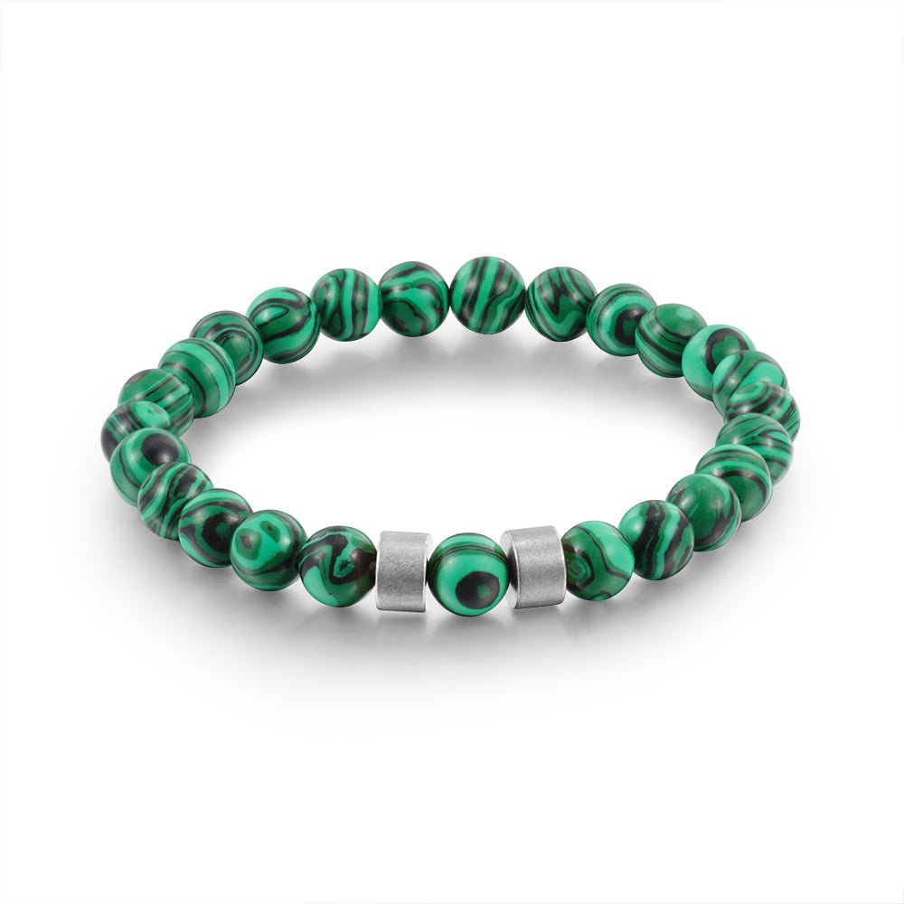 Personalized malachite bead charm bracelet, silver/gold name charms, steel/copper, 19.5-21cm, 19.5g.