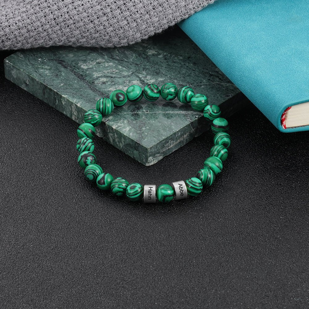 Personalized malachite bead charm bracelet, silver/gold name charms, steel/copper, 19.5-21cm, 19.5g.