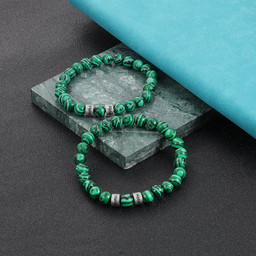 Personalized malachite bead charm bracelet, silver/gold name charms, steel/copper, 19.5-21cm, 19.5g.