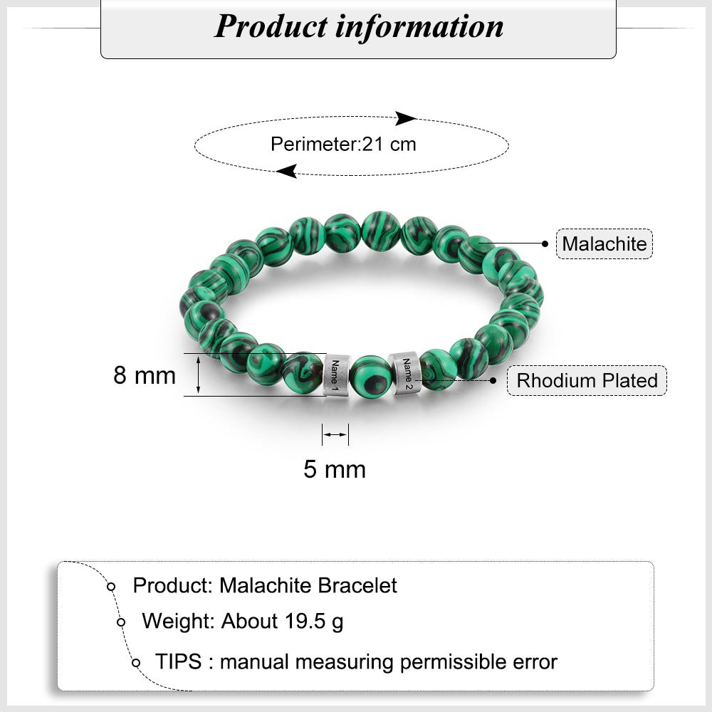 Personalized malachite bead charm bracelet, silver/gold name charms, steel/copper, 19.5-21cm, 19.5g.