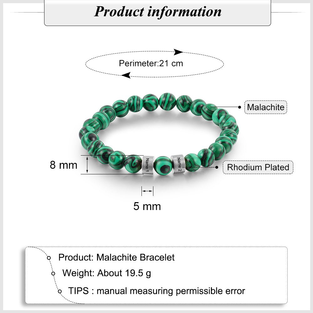 Personalised Malachite Bead Charm Bracelet - Engraved Memories