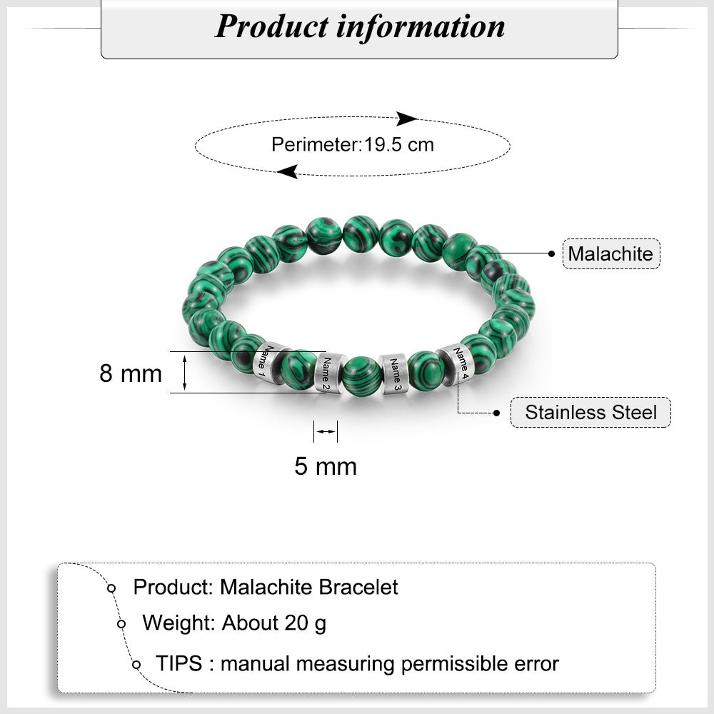 Personalized malachite bead charm bracelet, silver/gold name charms, steel/copper, 19.5-21cm, 19.5g.