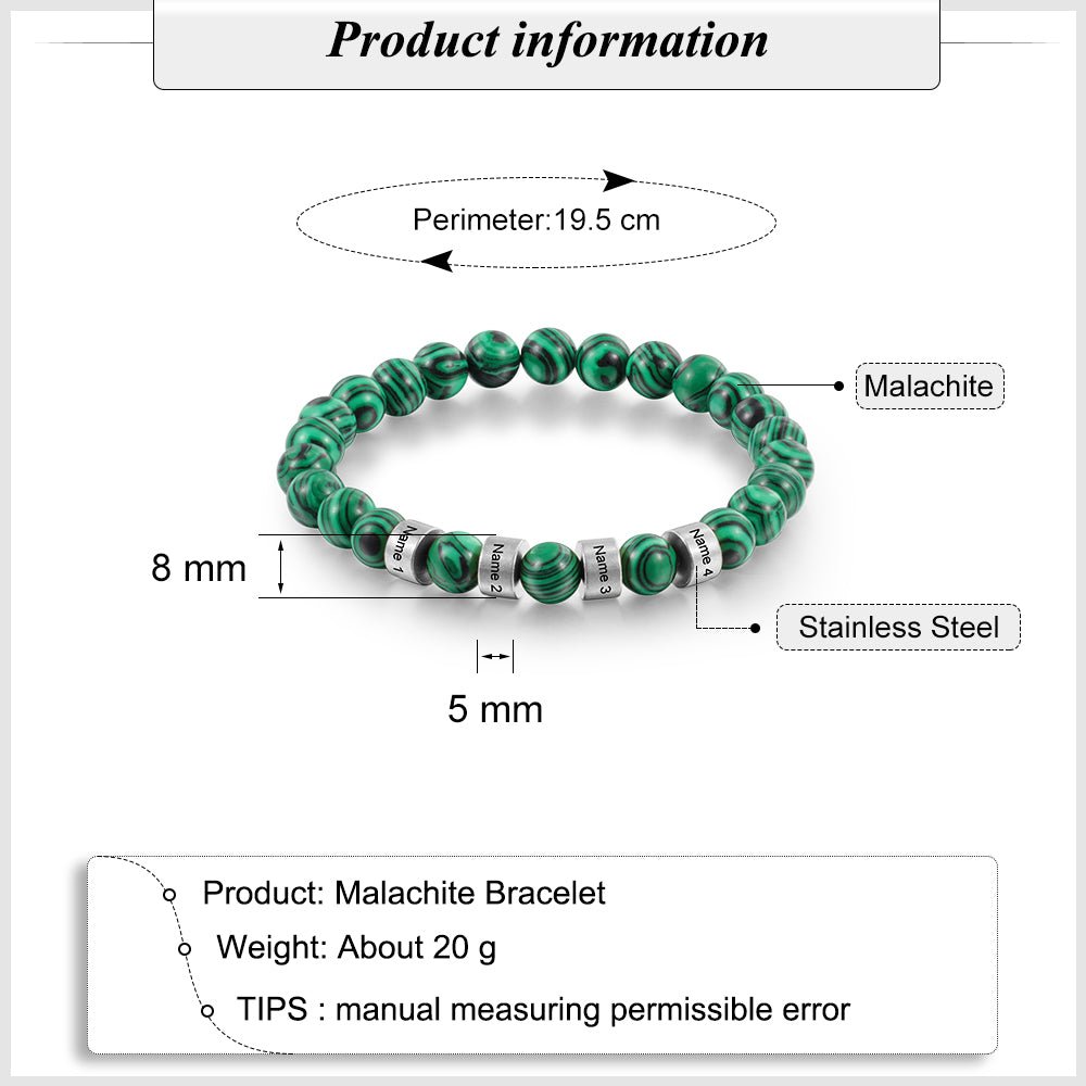 Personalised Malachite Bead Charm Bracelet - Engraved Memories