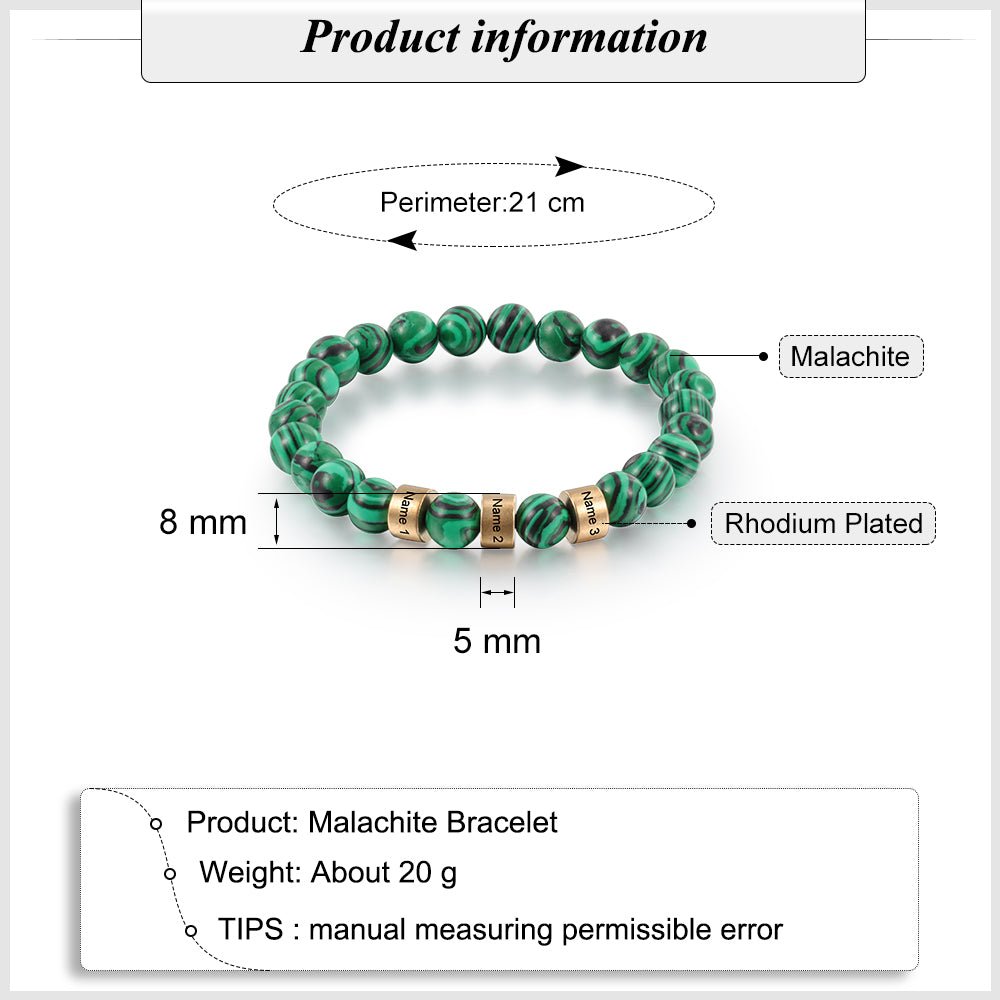 Personalized malachite bead charm bracelet, silver/gold name charms, steel/copper, 19.5-21cm, 19.5g.