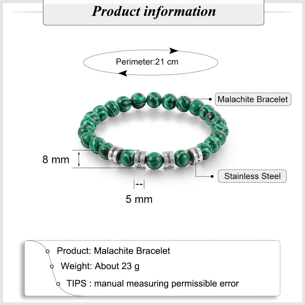 Personalized malachite bead charm bracelet, silver/gold name charms, steel/copper, 19.5-21cm, 19.5g.