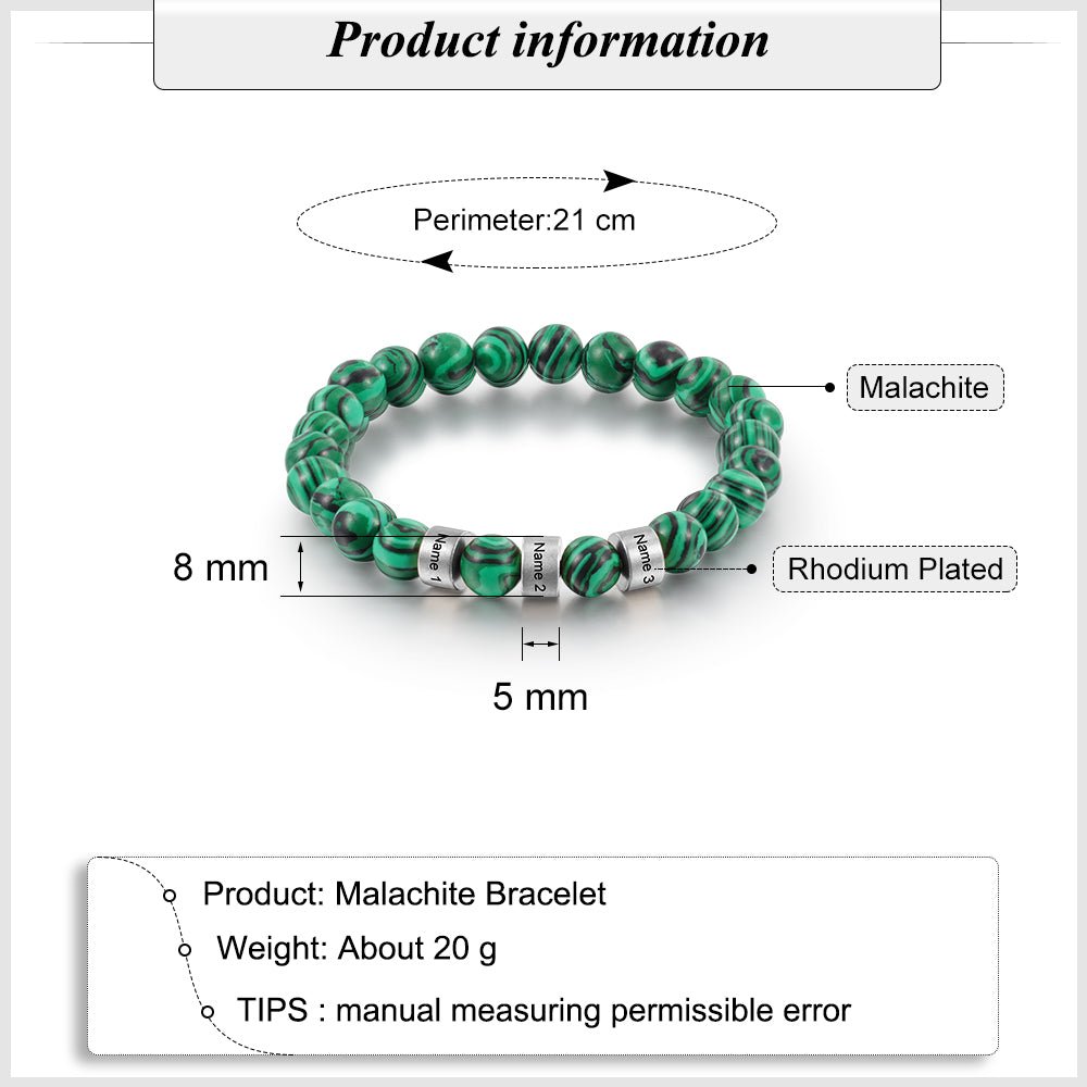 Personalized malachite bead charm bracelet, silver/gold name charms, steel/copper, 19.5-21cm, 19.5g.