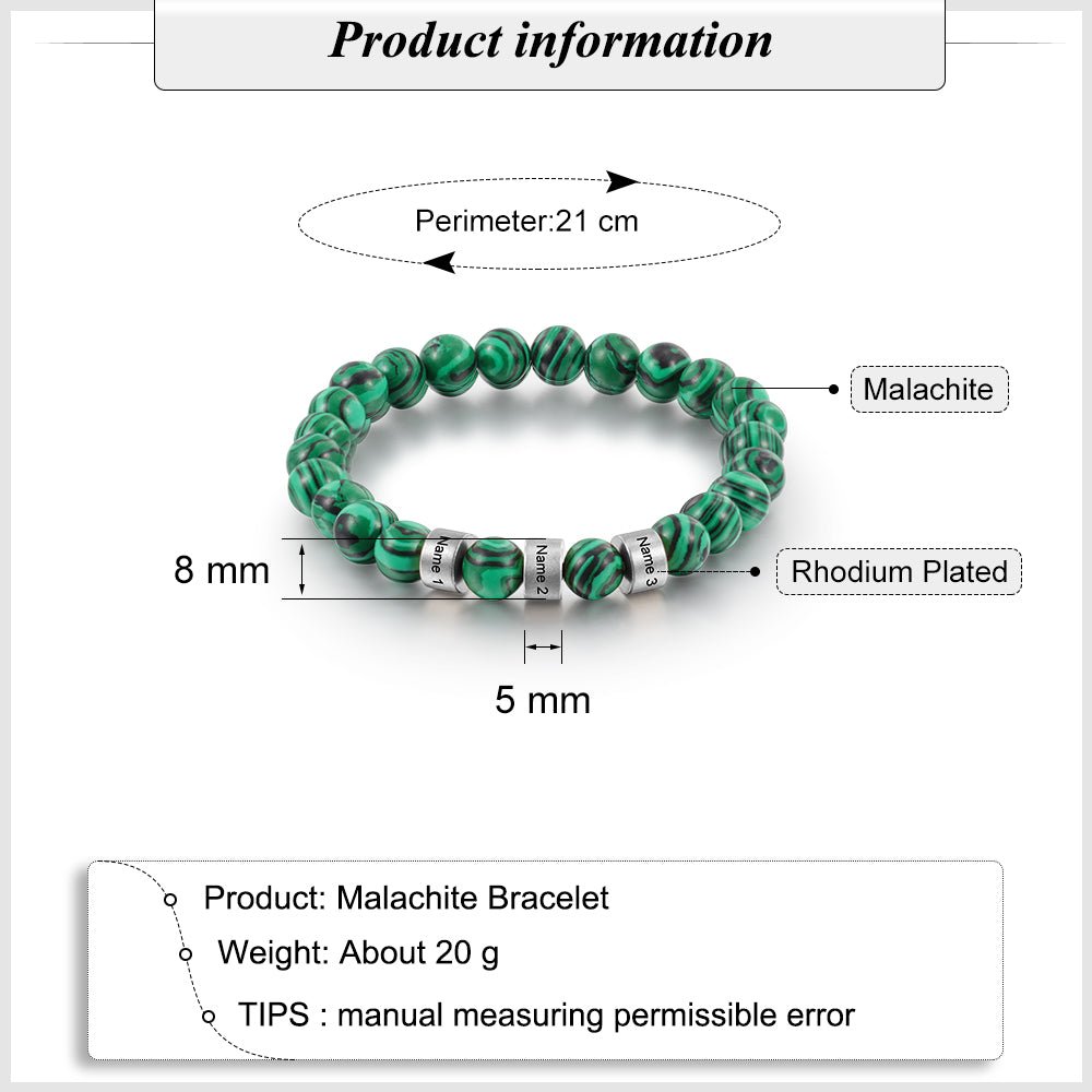 Personalised Malachite Bead Charm Bracelet - Engraved Memories