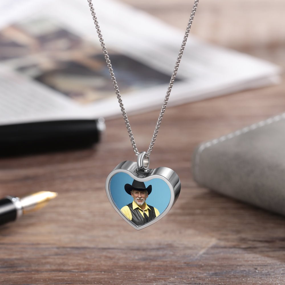 Personalized memorial necklace, photo heart pendant with ashes, white gold plated, 45+5cm, 10.3g.