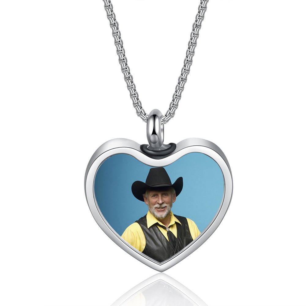 Personalized memorial necklace, photo heart pendant with ashes, white gold plated, 45+5cm, 10.3g.