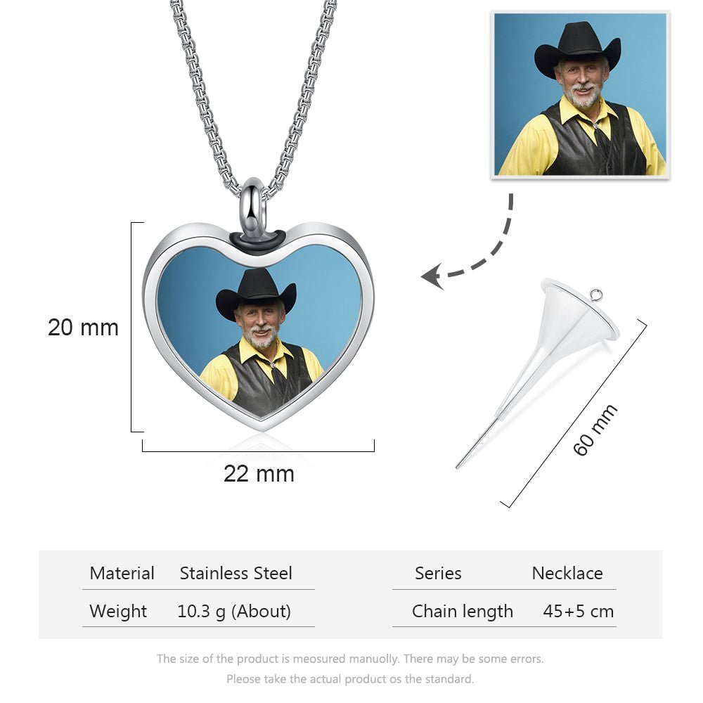 Personalized memorial necklace, photo heart pendant with ashes, white gold plated, 45+5cm, 10.3g.
