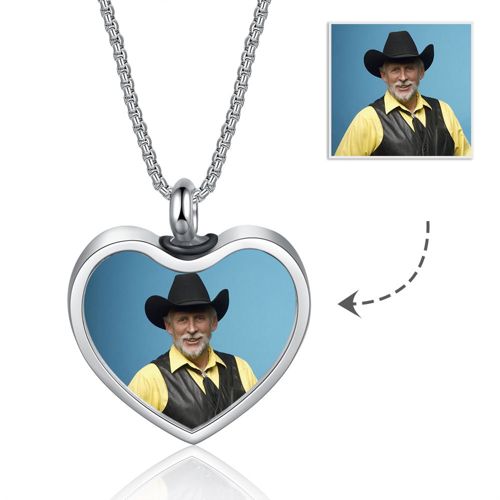 Personalized memorial necklace, photo heart pendant with ashes, white gold plated, 45+5cm, 10.3g.