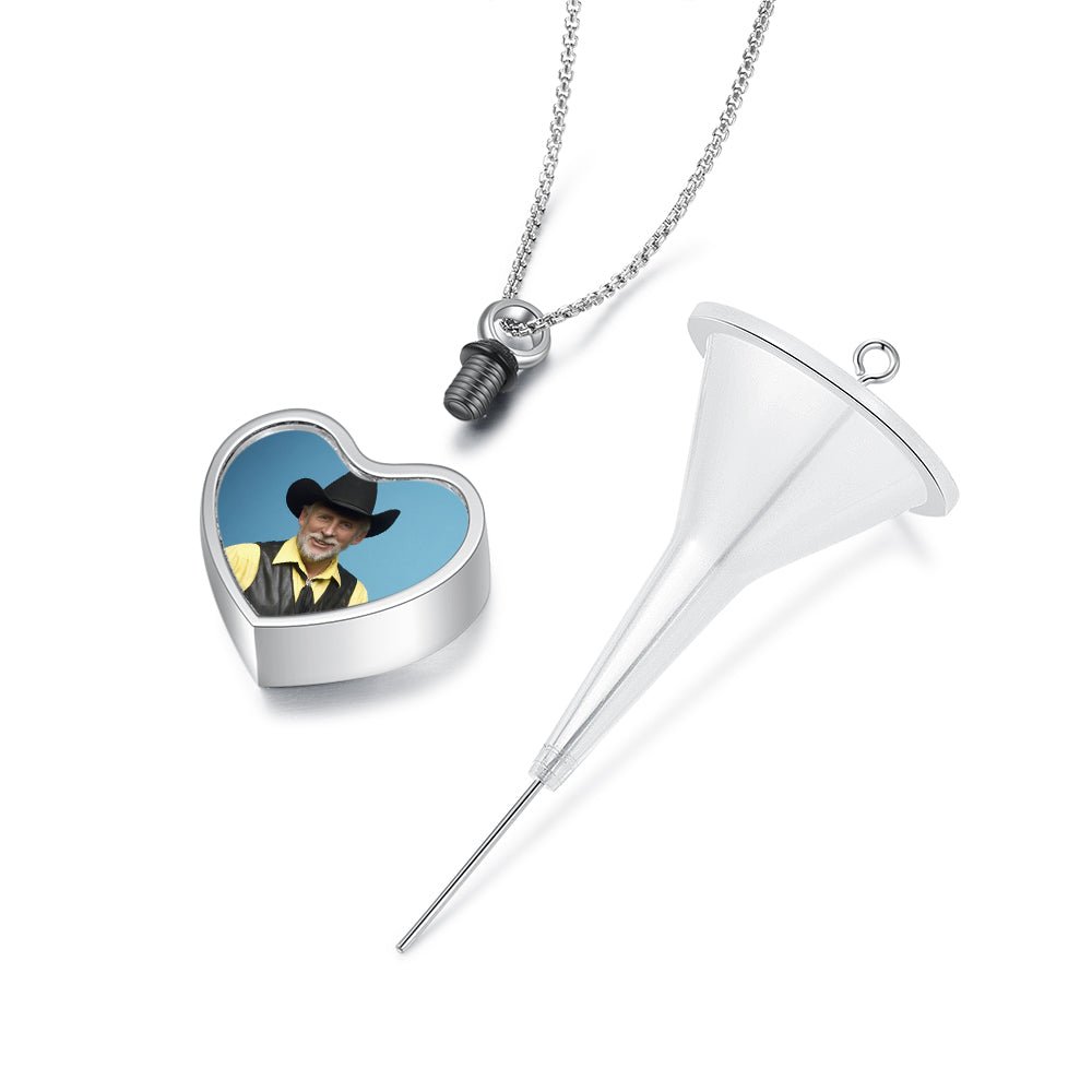 Personalized memorial necklace, photo heart pendant with ashes, white gold plated, 45+5cm, 10.3g.