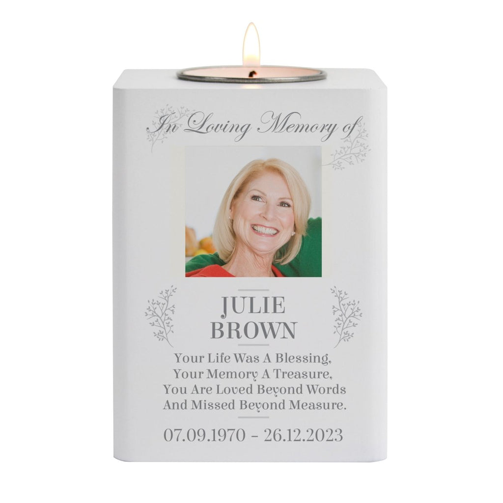 Personalised Memorial Photo Upload White Wooden Tea light Holder - Engraved Memories