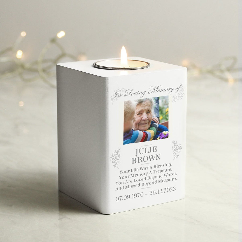 Personalised Memorial Photo Upload White Wooden Tea light Holder - Engraved Memories
