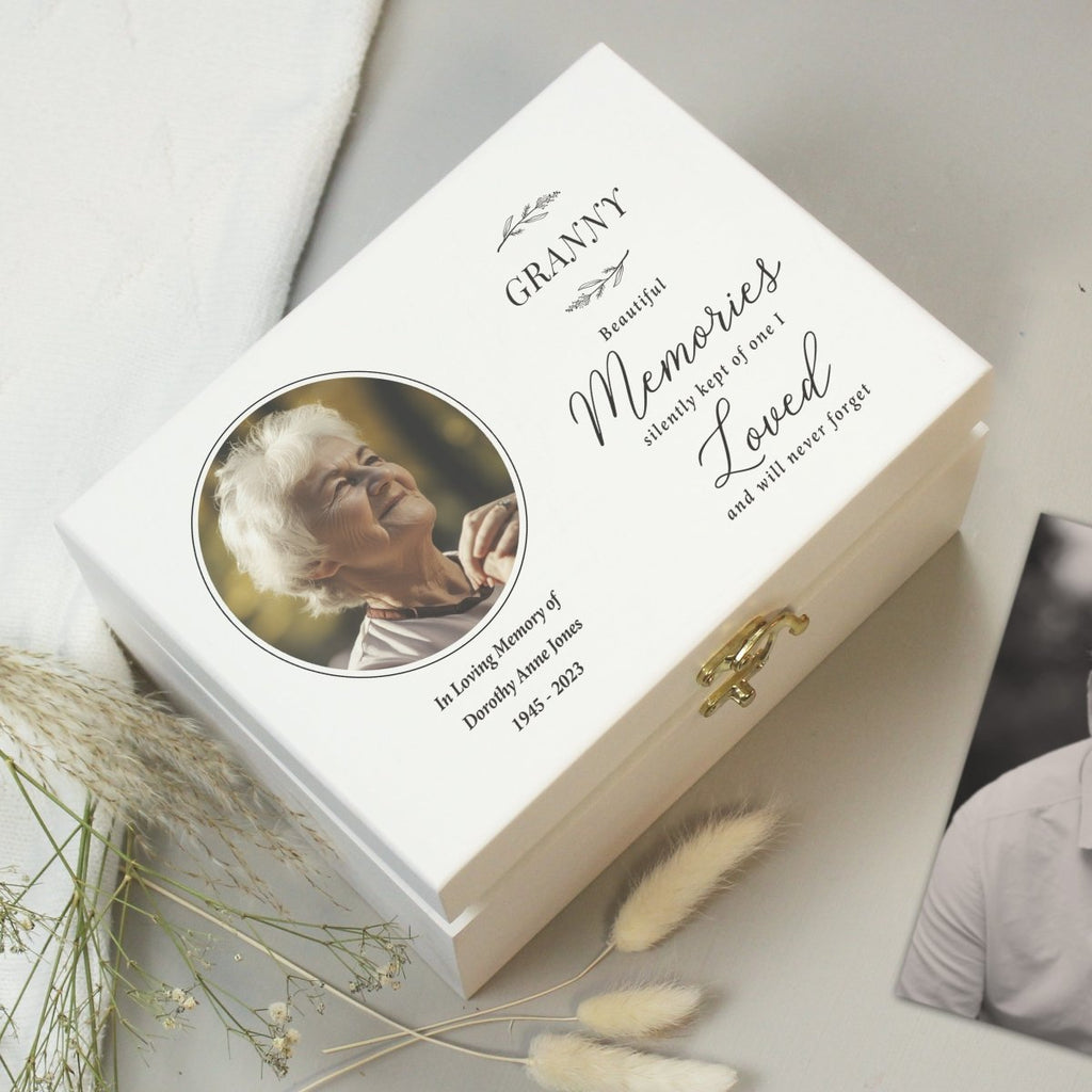 Personalised Memorial Photo White Keepsake Wooden Box - Engraved Memories