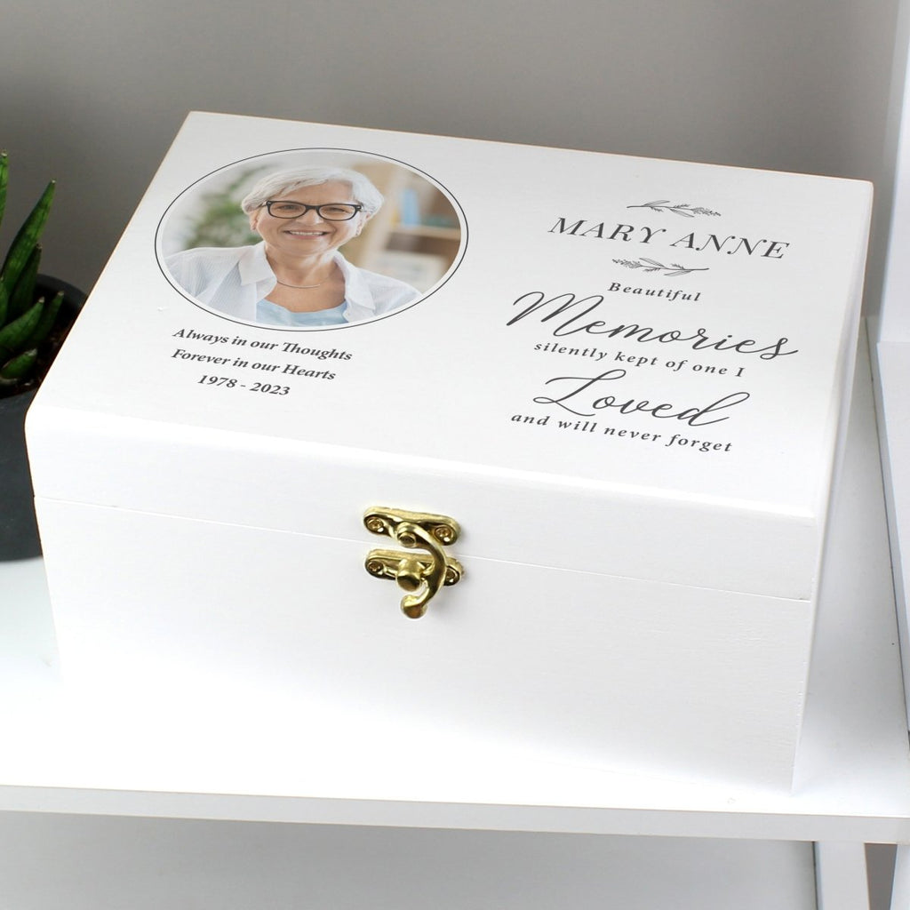 Personalised Memorial Photo White Keepsake Wooden Box - Engraved Memories