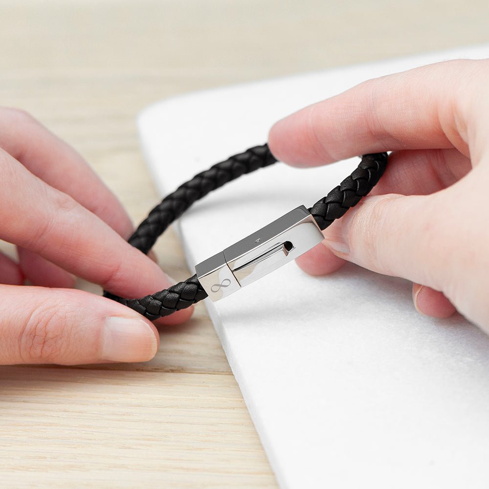 Personalised Men's Leather Infinity Bracelet With Tube Clasp - Engraved Memories