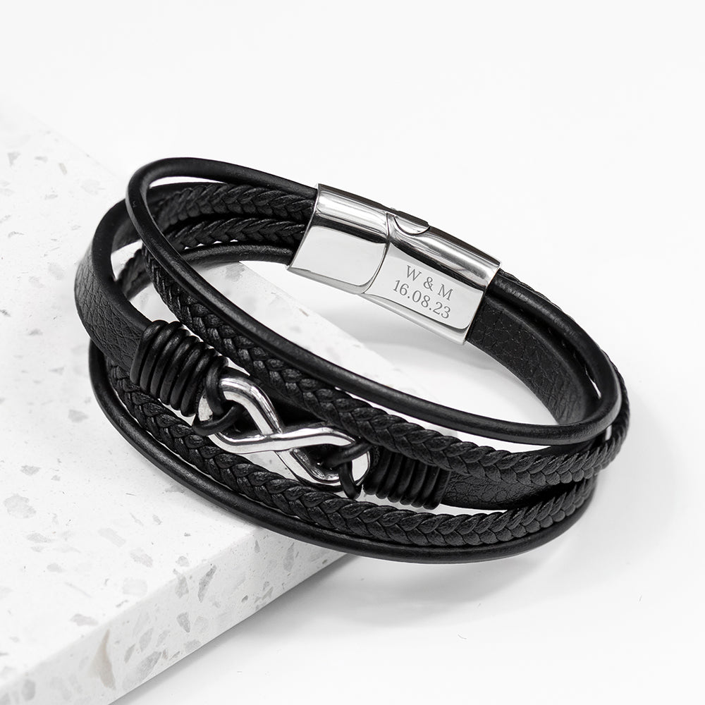 Personalised Men's Silver Infinity Black Leather Stacked Bracelet - Engraved Memories