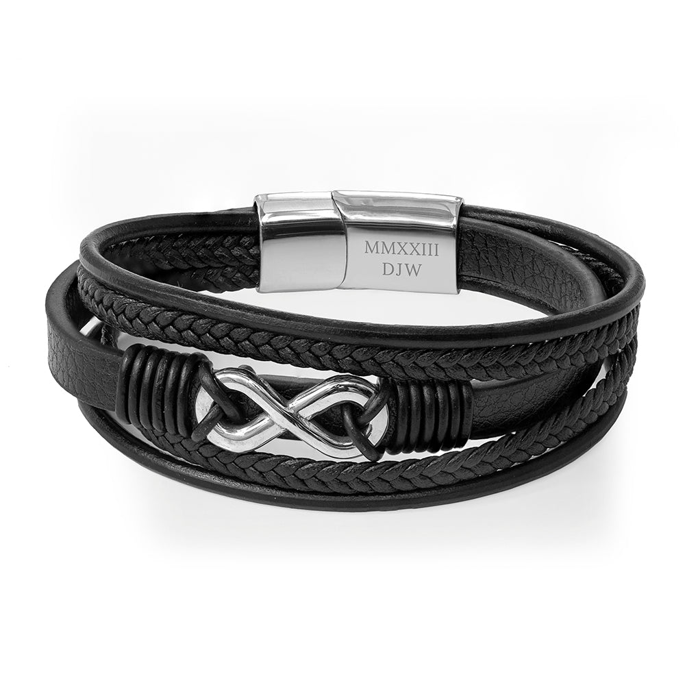 Personalised Men's Silver Infinity Black Leather Stacked Bracelet - Engraved Memories