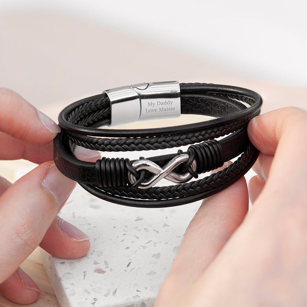 Personalised Men's Silver Infinity Black Leather Stacked Bracelet - Engraved Memories