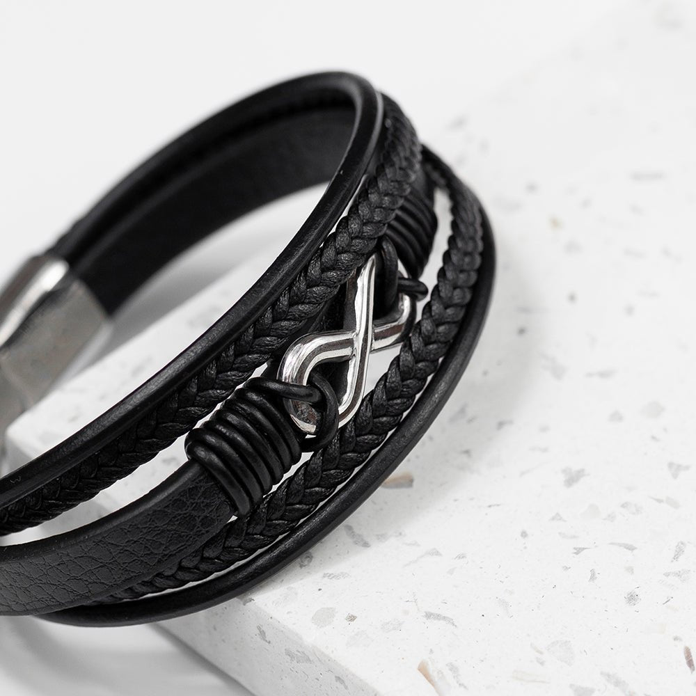 Personalised Men's Silver Infinity Black Leather Stacked Bracelet - Engraved Memories