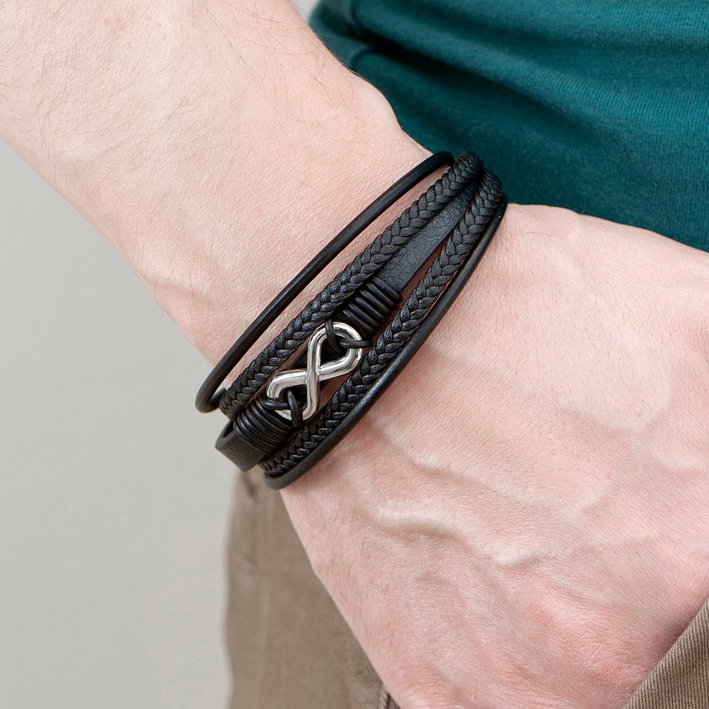 Personalised Men's Silver Infinity Black Leather Stacked Bracelet - Engraved Memories