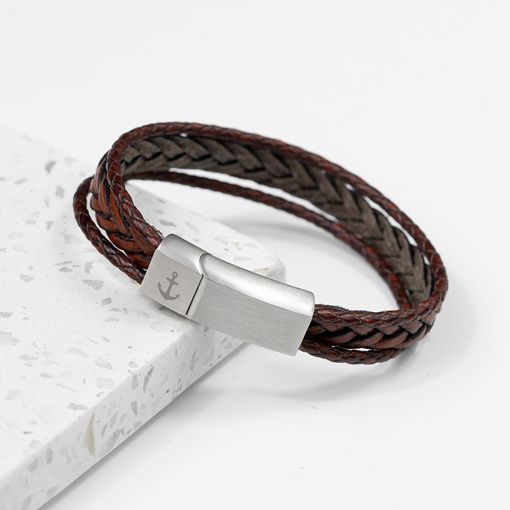 Personalised Men's Woven Layered Brown Leather Bracelet - Engraved Memories