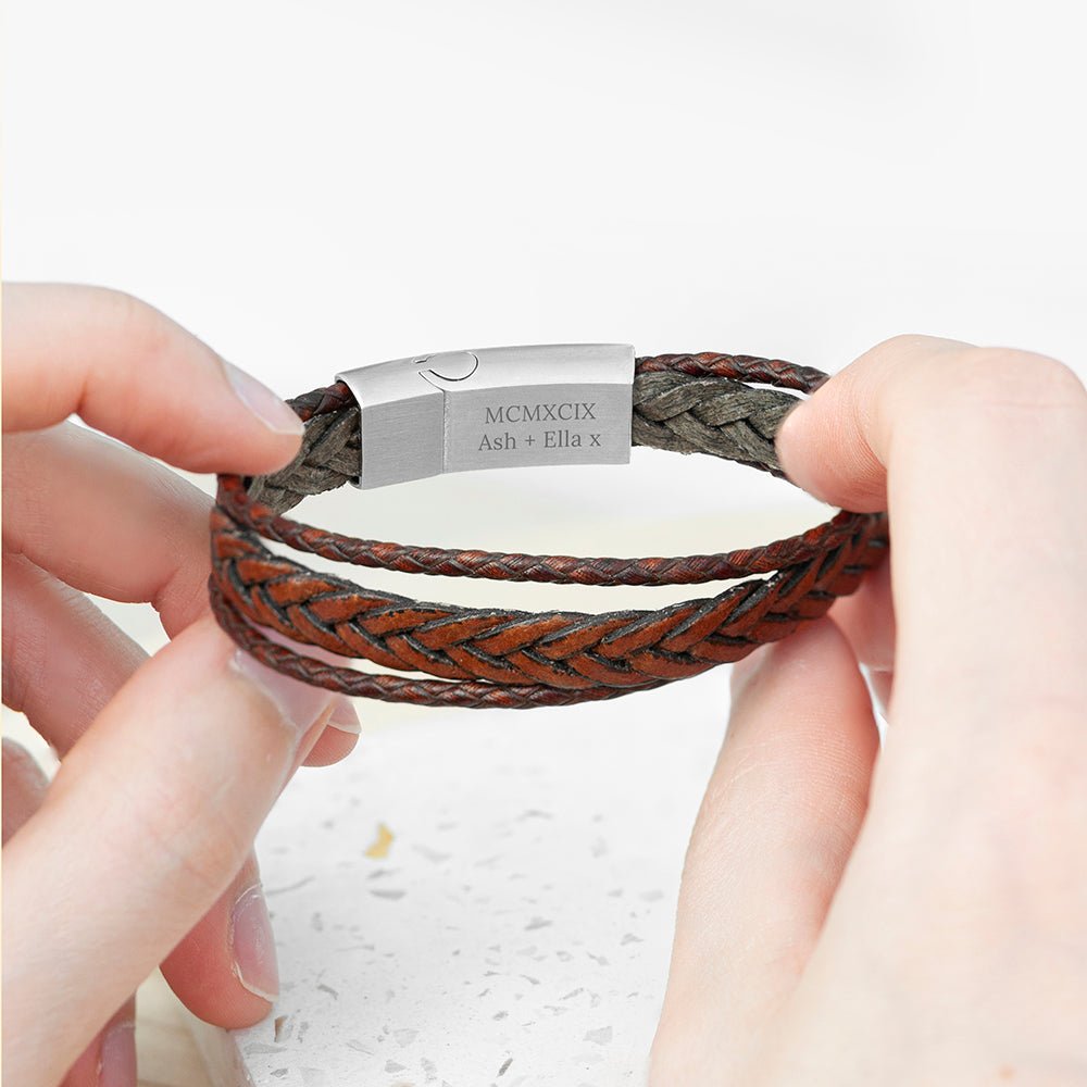 Personalised Men's Woven Layered Brown Leather Bracelet - Engraved Memories