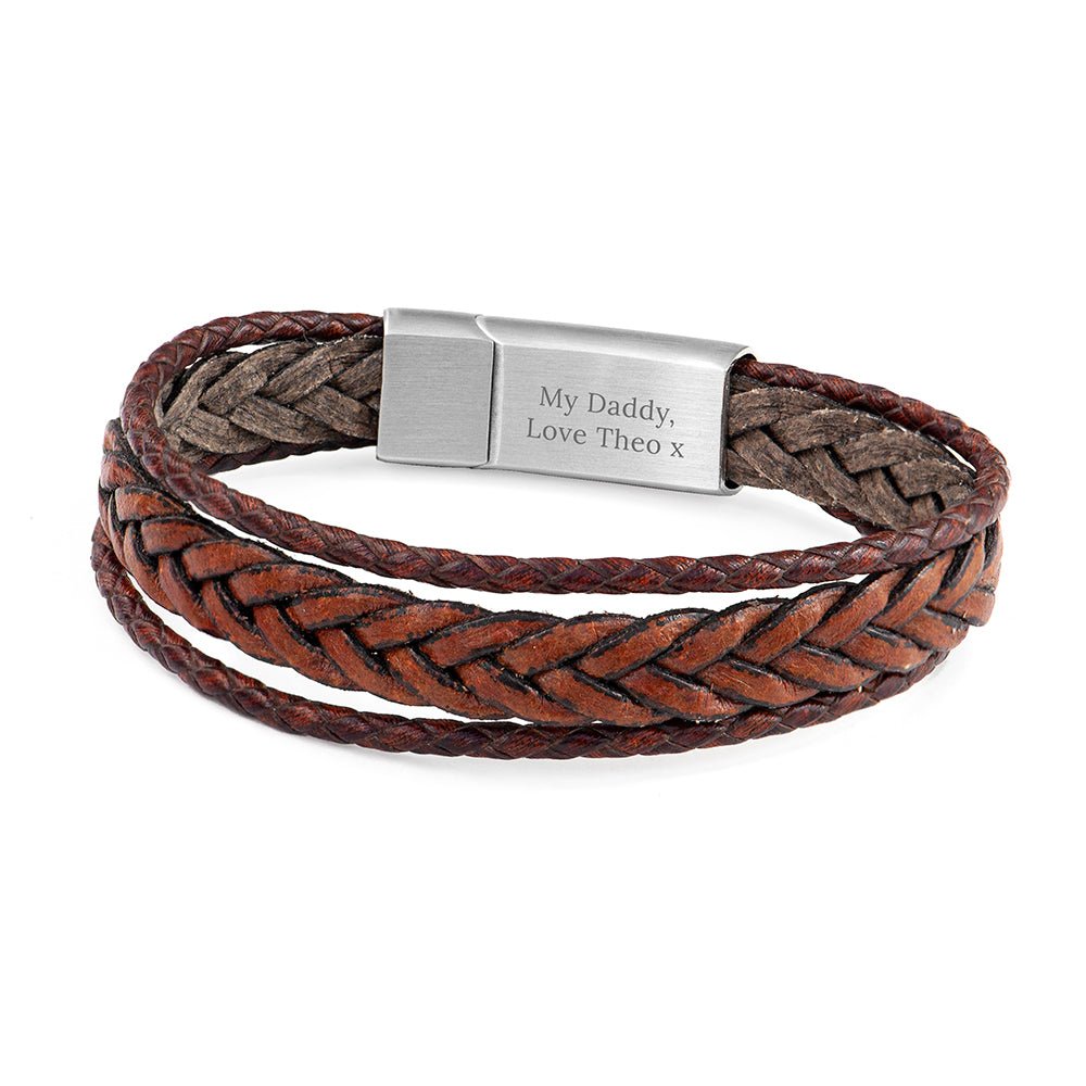 Personalised Men's Woven Layered Brown Leather Bracelet - Engraved Memories