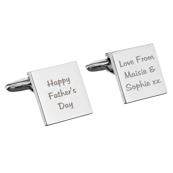 Personalised square chrome cufflinks with 3 lines of text, presented in a stylish box. Ideal for special occasions.