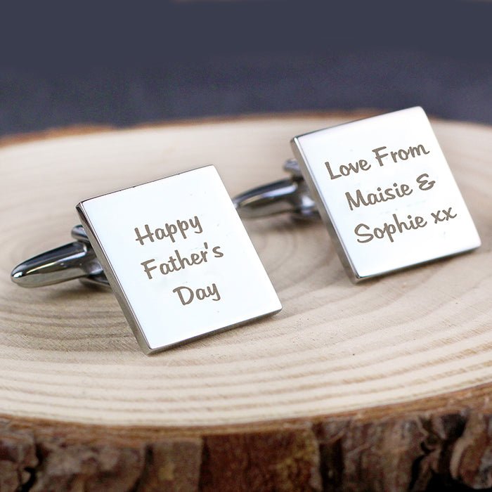 Personalised square chrome cufflinks with 3 lines of text, presented in a stylish box. Ideal for special occasions.