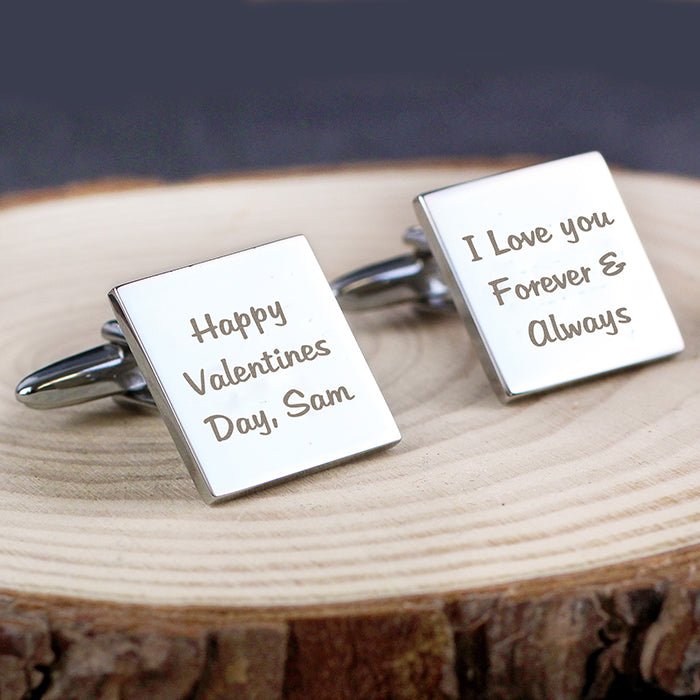 Personalised square chrome cufflinks with 3 lines of text, presented in a stylish box. Ideal for special occasions.