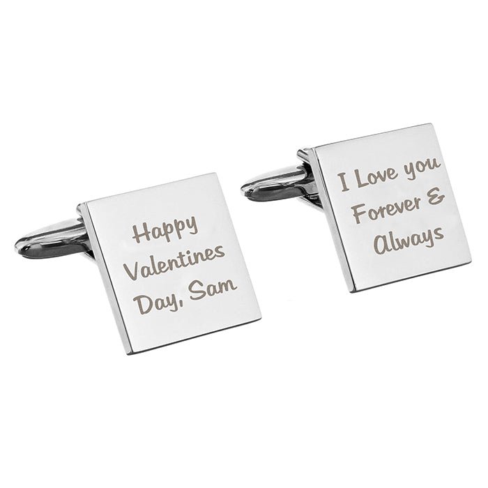 Personalised square chrome cufflinks with 3 lines of text, presented in a stylish box. Ideal for special occasions.