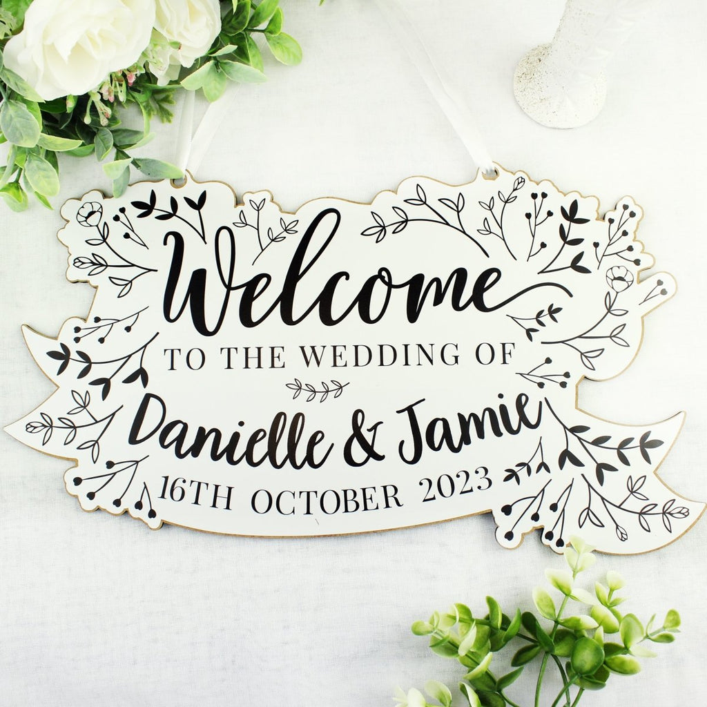 Personalised Monochrome Floral Wedding Wooden Hanging Decoration - Engraved Memories